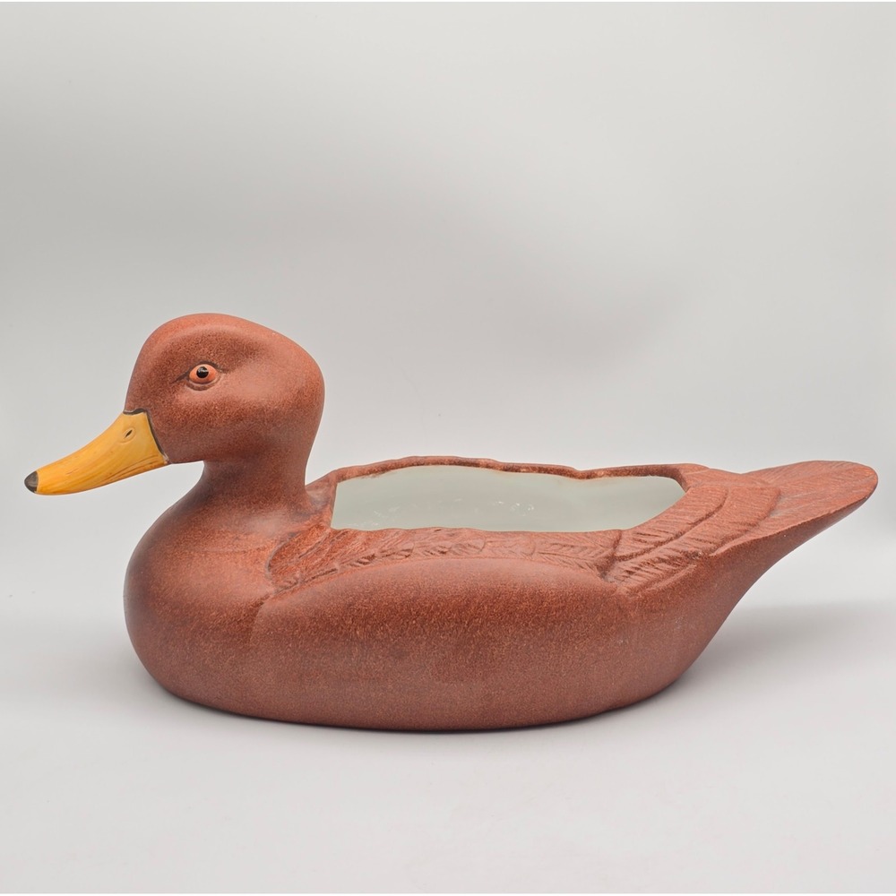 Vintage 1986 FTD Ceramic Duck Planter Brown Mallard Decoy Figurine Cottagecore